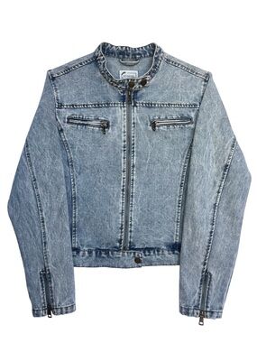 Cropped Acid Wash Denim Moto Jacket Blue L 100% Cotton